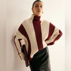 Commense Womens Large Ivory Maroon Striped Chunky Oversized Sweater New
